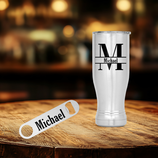 Stainless Steel Tumbler Personalized Pilsner and Bottle Opener